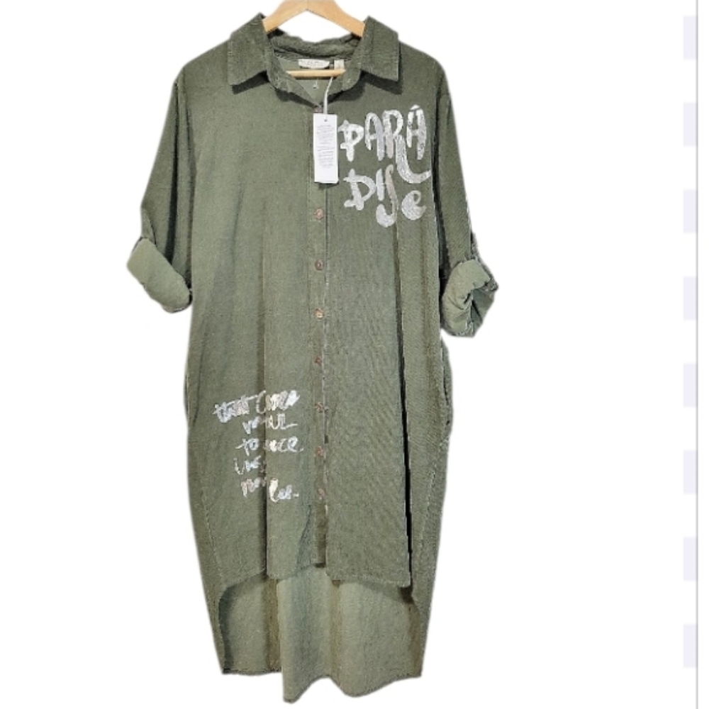 VASNA Corduroy Paradise Fall Festival Olive Green ButtonDown Highlow Shirt Dress